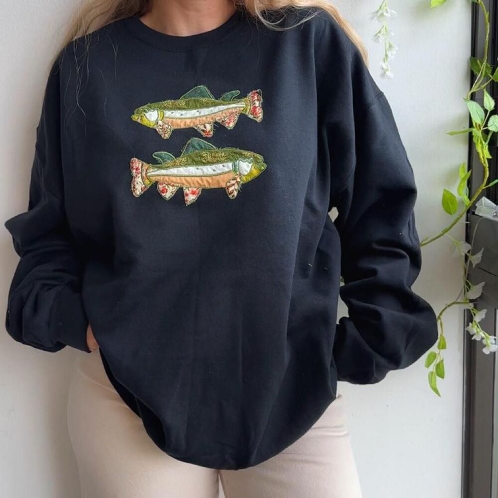 NWT Black Fish Patchwork Embroidered Black Fleece Crewneck